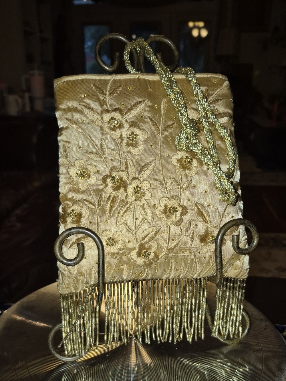 Magid  Small Satin Formal Crossbody Bag With Glass beaded Fringe. Champagne Gold